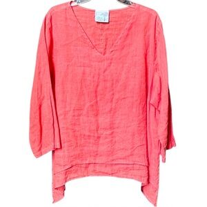 La Fixsun Size XL Oversized Burnt Coral 100% Linen V-Neck Double Layer Top